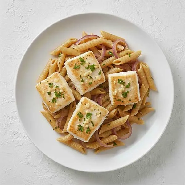 Velvety Garlic Fish Sauté With Sweet Onion-Glazed Pasta